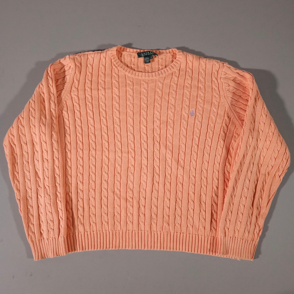 Lauren Ralph Lauren Sweater Womens XL Peach Coral Cable Knit Cotton Crewneck